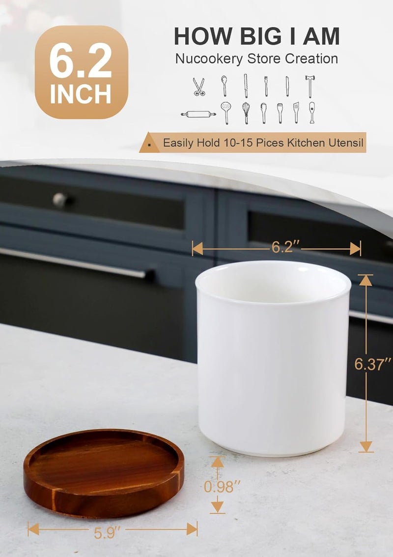 Nucookery 360° Rotating Utensil Holder, 7.2" Large Utensil Crock, White Ceramic Cooking Utensil Organizer with Countertop-Protection Cork Bottom for Farmhouse Kitchen Decor Christmas Gift (White) - Image 3